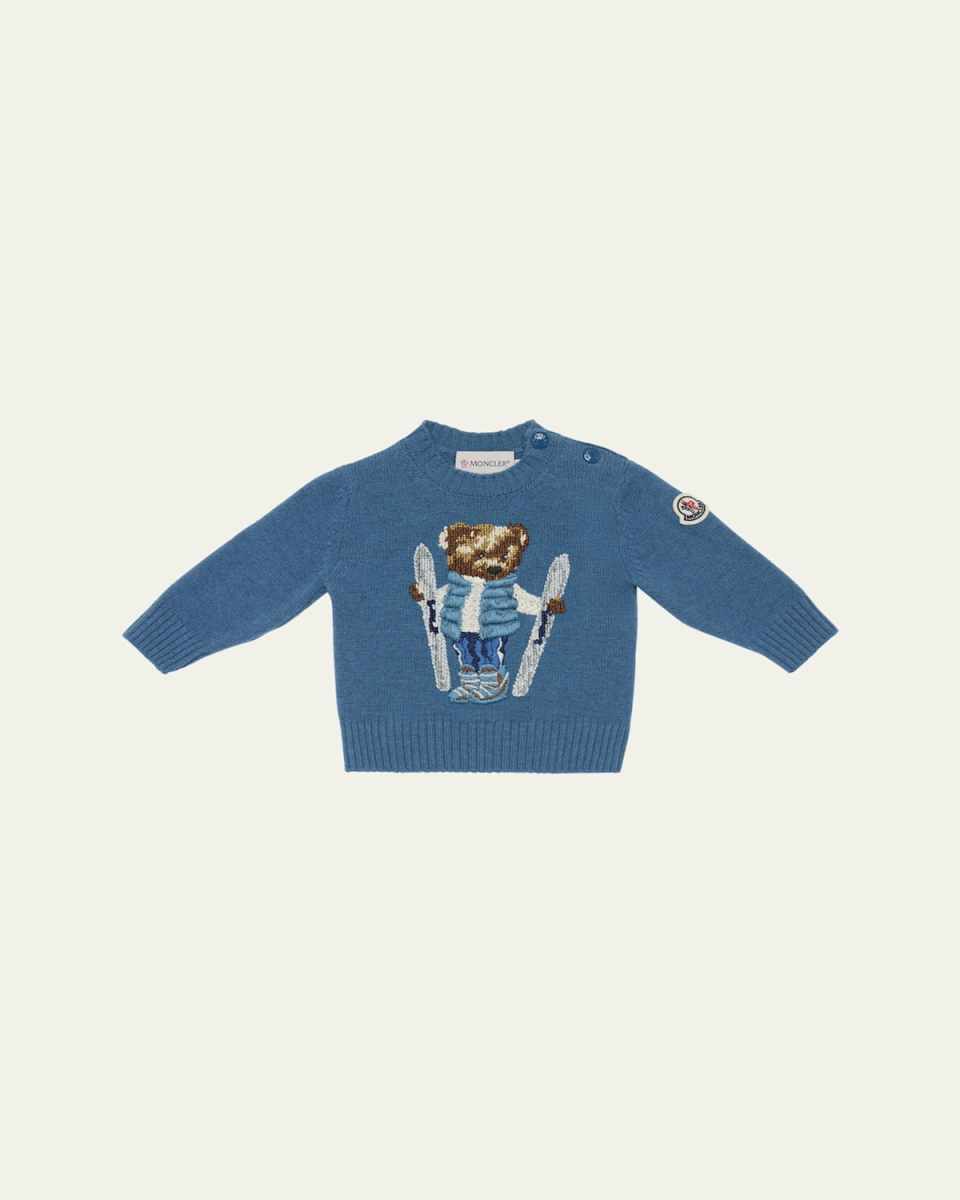 Boy's Ski Teddy Bear Crewneck Knit Sweater, Size 6M-3